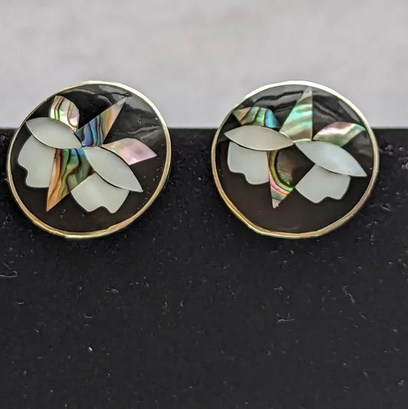 Abalone Earrings Alpaca Mexico Floral clip on vintage mother of pearl - Picture 6 of 8